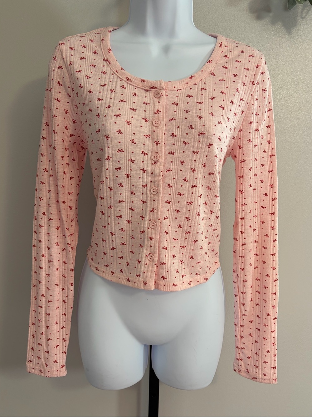 NWT Very J Pink Ribbed Cropped Top With Red Bows